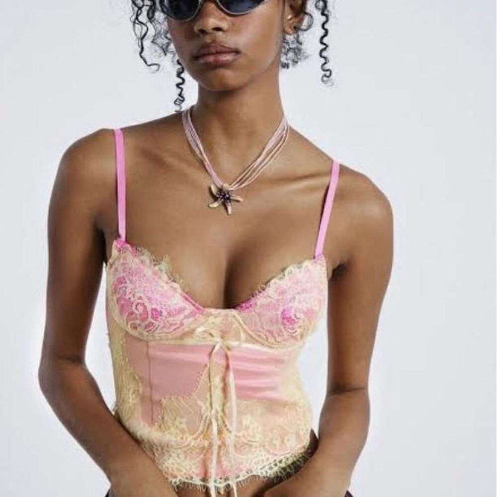 Jaded London Womens Corset Top Size 4 Pink Yellow Lace Bustier Sleeveless
